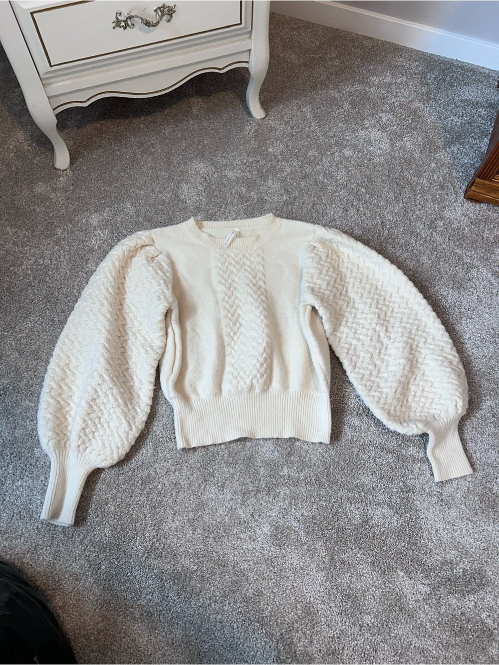 Dreamers Cream Textured Cable Knit Balloon Sleeve Sweater Chunky Knit Pullover